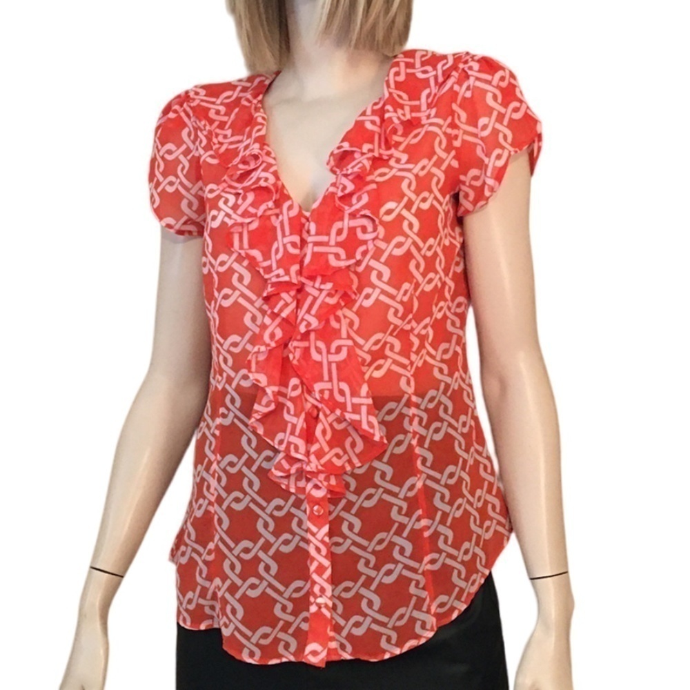 Banana Republic Blouse Top Lightweight Ruffles Flowy Flutter Sleeves Warm Print